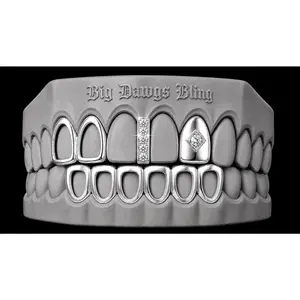 925 Silver Plated Open Double Tooth, Diamond Grillz Cap, Iced Gap & Open Lower 4pc Set