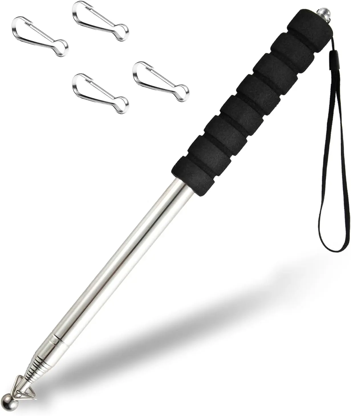 8.2ft (1.6m) Stainless Steel Telescopic Handheld Flagpole with Clips, Anti-Slip Grip, Lightweight Extendable Design for Tour Guides, Garden Decor, Home Improvement Use (Black), 1.6 Meters