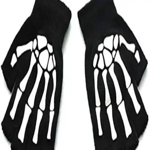 Unisex Adult Halloween Skeleton Skull Half Finger Gloves Glow in the Dark Fingerless Stretch Knitted Winter Mittens Black