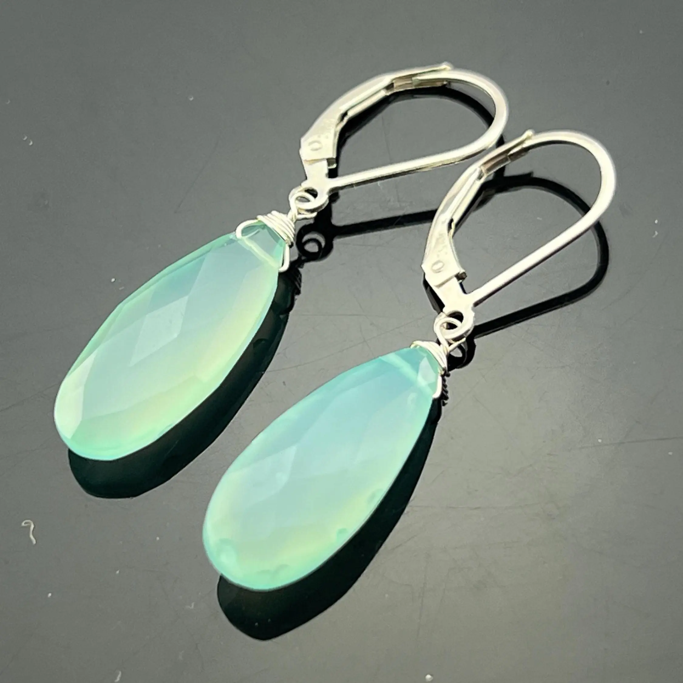 Aqua Blue Chalcedony Drop Earrings • 925 Sterling Silver Leverback Dangles • Soft Blue Gemstone Jewelry