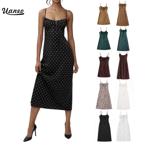 UANEO Women's Floral Fall Dress Polka Dot Low-Cut Square Neck Spaghetti Strap Tie Bodycorn Dresses Casual Wear Slip with Adjustable Straps & Elastic Neckline SummerVibes Vacation Womenswear Summer Fall Outfits