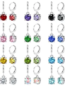 12 Pairs Leverback Dangle Earrings for Women Stainless Steel Dangle Hoop Earrings Set Multi Colored 8mm Cubic Zirconia Earrings