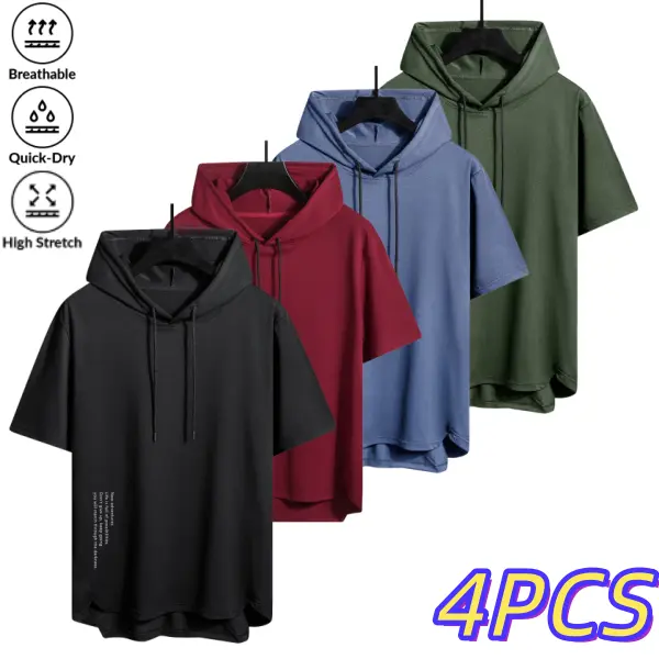 Men’s four-pack hooded short-sleeve T-shirts, trendy casual athletic style, breathable quick-dry, highly elastic, skin-friendly, drawstring hood, curved hem; versatile tops for gym, commuting, and home wear.