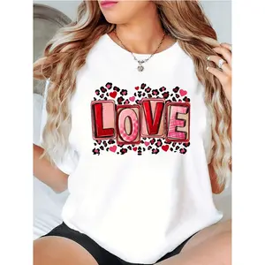 1pc Women'S Casual Crew Neck T-Shirt with Pink Valentine'S Day LOVE Lettering and Leopard Print Heart Design