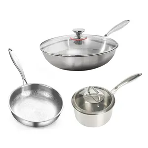 Premium 3-Piece Titanium Cookware Set Non-Coating Non-Toxic Rust-Free Lightweight Durable Frying Pan Wok Pot Safe High Heat Easy Clean for Daily Cooking