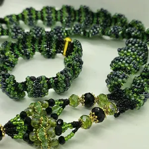 Orisha Oggun Beaded Necklace & Bracelet Set Green Black Beads with Gold Accents Handcrafted Jewelry