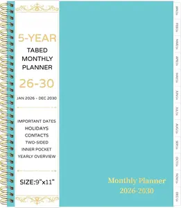 2026-2030 Monthly Planner, 5 Year Monthly Planner/Calendar 2026-2030, 60-Month Jan 2026  Dec 2030, 9" x 11", Tabs, Double-Side Pocket, Holidays, Thick Paper - Green