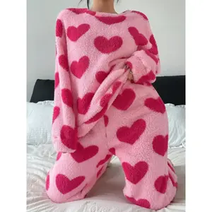 Women’s soft, comfortable, fluffy heart-print pullover pajama set; warm plush casual two-piece sleepwear for fall and winter, elegant style