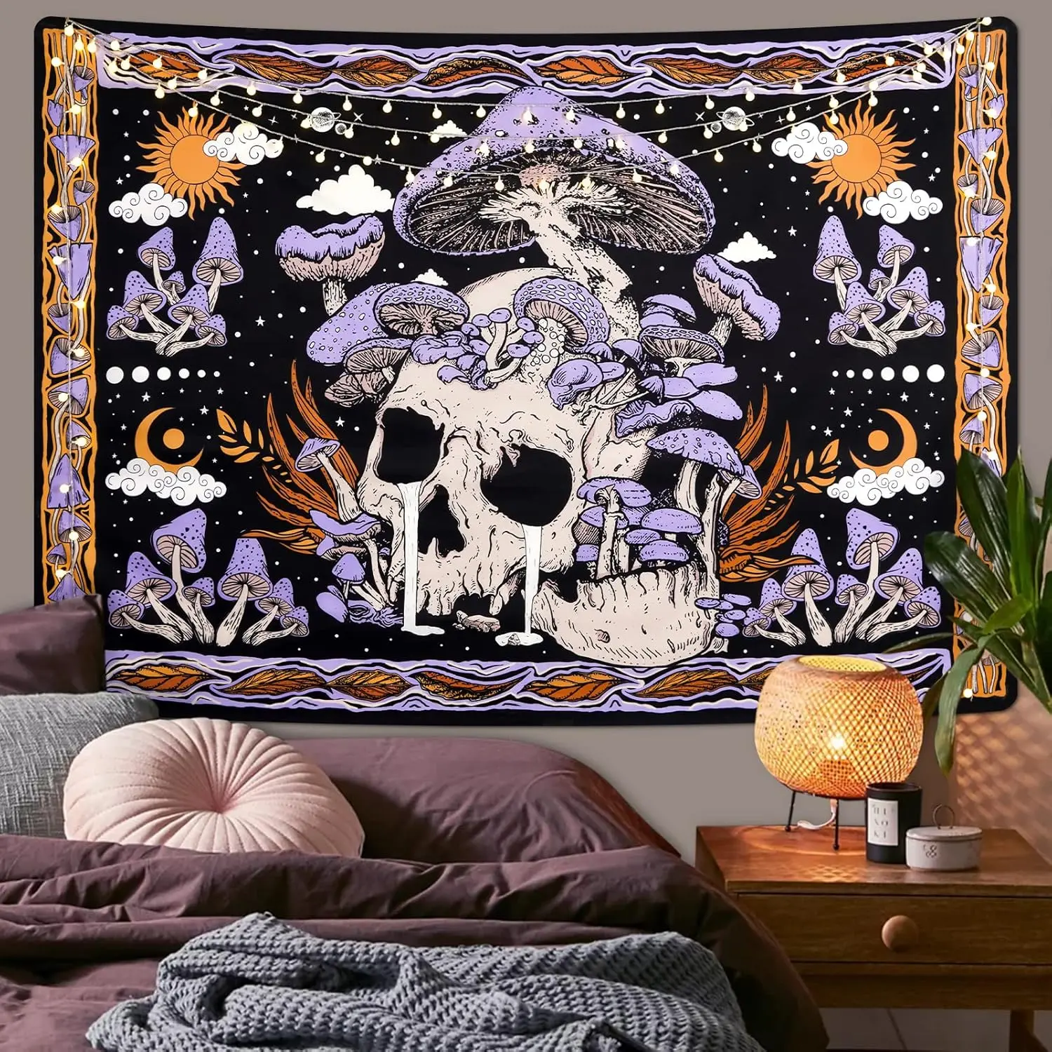 Uspring Mushroom Tapestries Skull Skeleton, Leaves, Large Purple Tapestry for Bedroom, Wall Hanging for Room (51.2 x 59.1 inches)