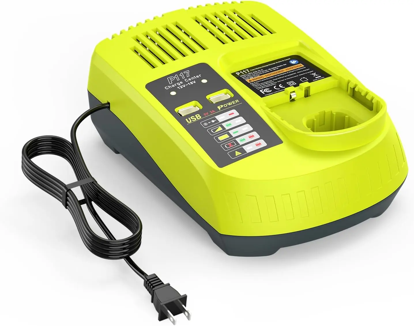 90W 12V-18V USB Fast Power Tools Charger for Ryobi P117, Dual Chemistry, Overload Protection, Short-Circuit Prevention, ROHS Certified, Compatible with Ryobi 18V Lithium-Ion/NiCad/NiMh Batteries P102 P103 P105 P107 P108 P189 P197 P190 P191 PBP002