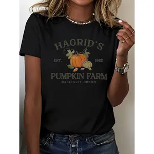 Women's Halloween Pumpkin Patch T-Shirt Cute Fall Graphic Crew Neck Short Sleeve 100% Cotton T-Shirt