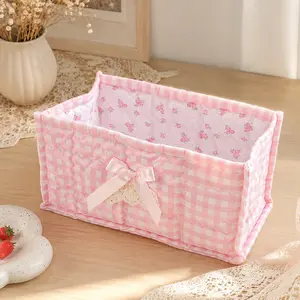 Cute Quilted Fabric Floral Storage Basket, Girl Style Bowknot Lace Decorative Organizer, Rectangular Shape Desktop Cosmetics Snack Box, Dorm Room Bedroom Planner