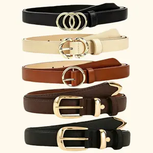 SHIFFRINKEN Women's 5-Pack Heavy Duty PU Leather High Waist Buckle Belts - Modern Buckle Designs (Pin, Triple Ring, C-Shaped, Round) - Adjustable Neutral Stylish Casual Belts for Jeans, Casual Outfits