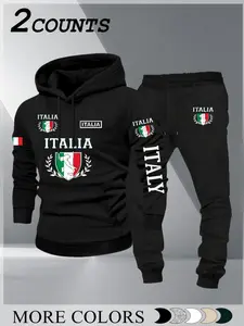 Street Style Sports Set, Italia Print Trendy Streetwear, Casual Daily, Italian Culture Ensemble, Long Sleeve Fitted Kint Fabric, Sweat Suit