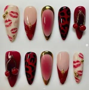Red Cherry Press On Nails, Lip Print Leopard Design, Gold Chrome Ombre Nails, 3D Charm Luxury Long Nails, Trendy TikTok Aesthetic Manicure Set
