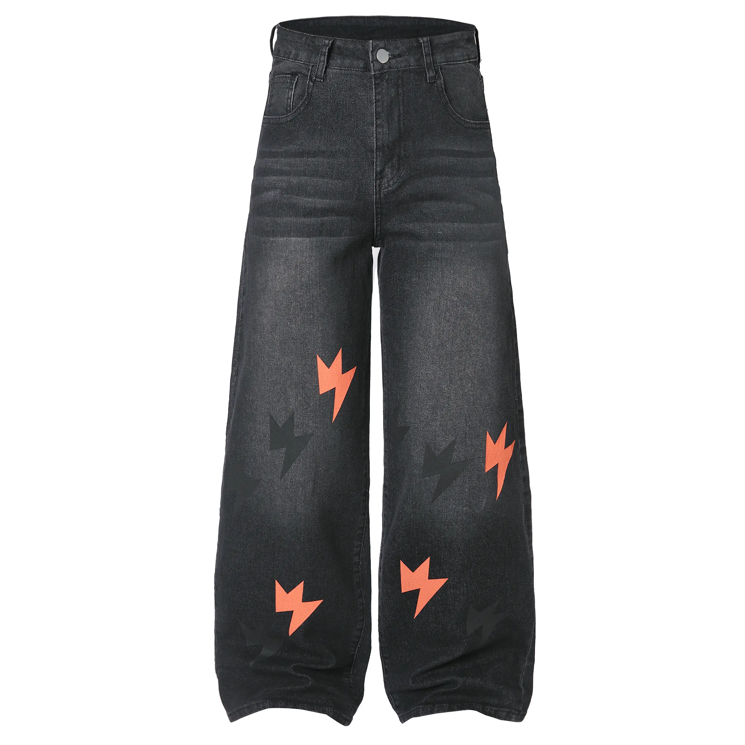 【tiktok shop deals】JUNBAOSS Women's Baggy Hip Hop Ripped Jeans Y2K Vintage Wide Leg Denim Pants Loose Fit Long Trousers Black Jeans Streetwear High Waist Skateboard Steampunk Lightning Bolt Print Graphic Print Jeans Trendy Bottoms Wideleg fall outfits, Fa