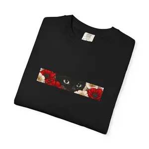 Black Cat in Flowers Portrait T-Shirt | Kitty Among Red and White Flowers