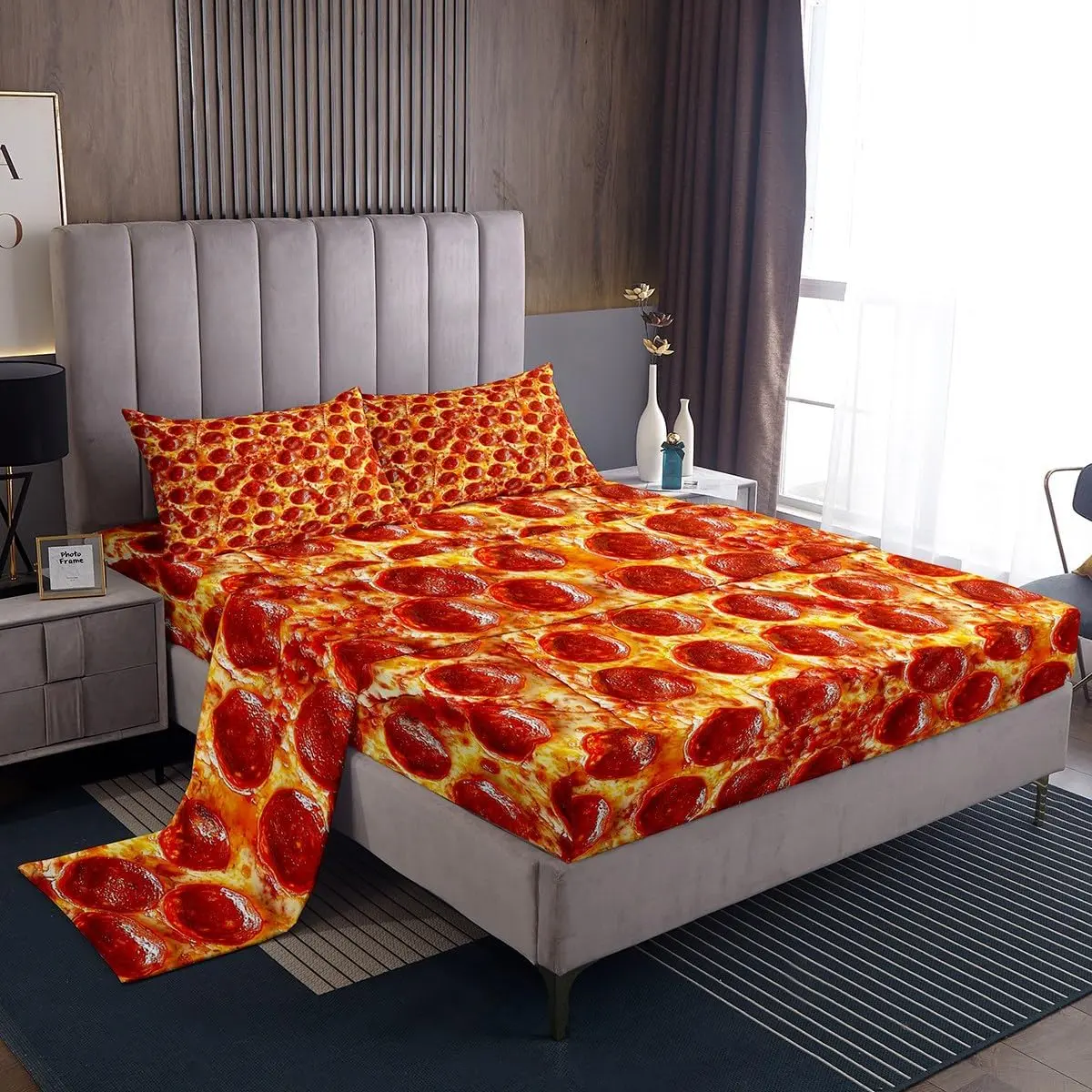 Feelyou Pepperoni Print Bedding Set - Breathable Microfiber Bedsheet Set with Flat Sheet, Fitted Sheet, Pillowcase, Soft Lightweight Fabric for Bedroom Decor, Bedsheet Sets