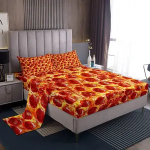 Feelyou Pepperoni Print Bedding Set - Breathable Microfiber Bedsheet Set with Flat Sheet, Fitted Sheet, Pillowcase, Soft Lightweight Fabric for Bedroom Decor, Bedsheet Sets