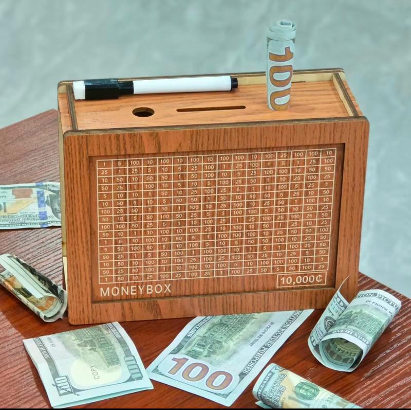 Wooden Money storage jar Money Bank, Countdown Money Saving Box with 10000 Dollars Target, Money storage jar with Money Target and Numbers to Check for Boys Girls (10000 USD)