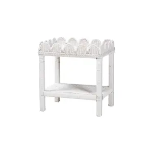 Sumana Rattan Side Table with Scalloped 2-Tier Tray Top, White