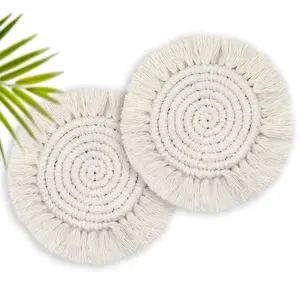 Boho Coasters Set of 2, Cute Drink Coasters Absorbent for Desk, Farmhouse Handmade Woven Macrame Coaster for Mugs Cups - Home Decor Housewarming Gift, Round Beige