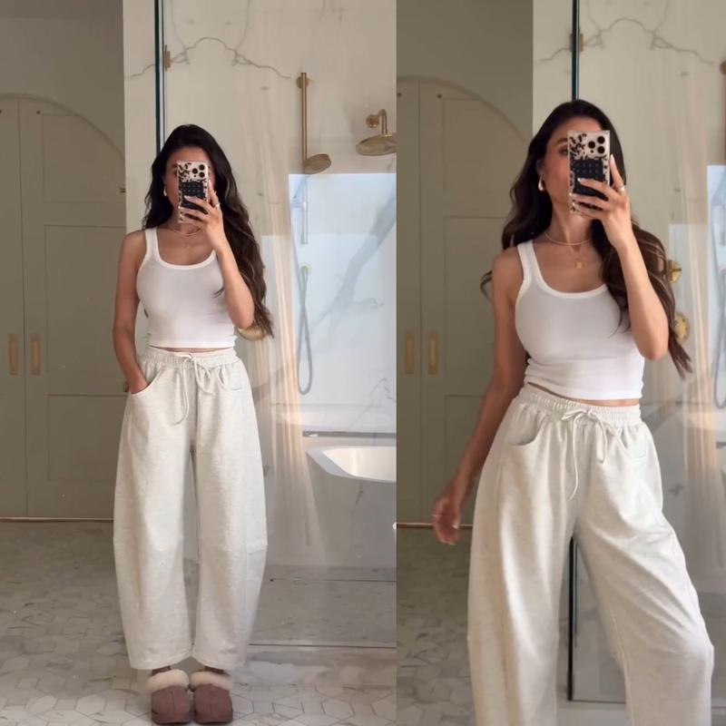 Tanming Women's Barrel Leg Pants Basic or Fleece Lined Elasticated Waist and Soft Wide Leg Pants with Pockets Casual All-Season Sweatpants