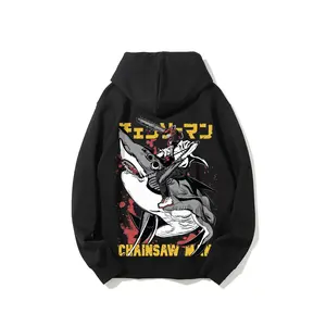 Denji and Beam the Shark Devil. Anime Hoodie - Vintage hooded sweatshirt, cotton fabric, made in the USA, manga street style, loose A-line fit.