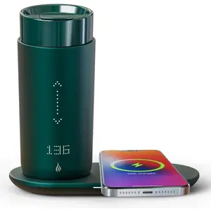 Temperature Control Heated Coffee Mug  Self Heating Travel Mug 12 Oz App Controlled Warmer Mug 4-10 Hour LED Display Keep Coffee Hot   Charger Base Jade Green