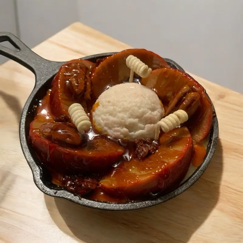 Apple Pie Delight - Sweet Dessert with Ice Cream and Pecans in a Skillet Presentation Candle