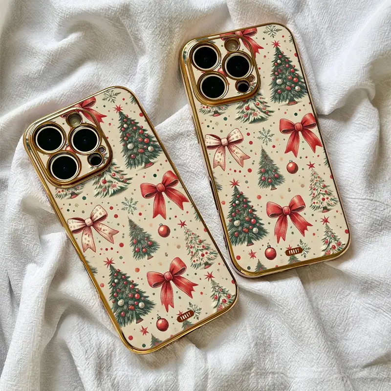 Aesthetic Vintage Christmas Tree & Bows Cellphone Case - Durable, Flexible, Shockproof, Heavy Duty Protector for iPhone 16 Pro Max, 15 Plus, 14 Pro, 13, 12, 11, XS Max, XS, XR