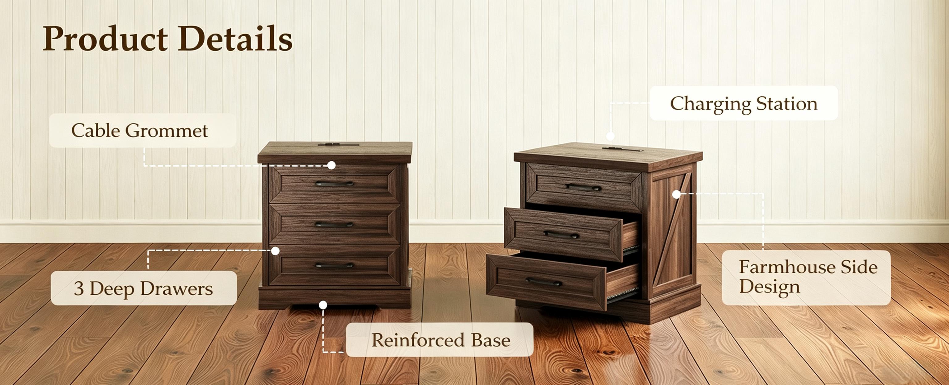 AODK 24-Inch Farmhouse 3-Drawer Bedside Table with Charging Station, USB Ports and Outlets for Bedroom, Living Room Furniture Nightstand Bedside Table