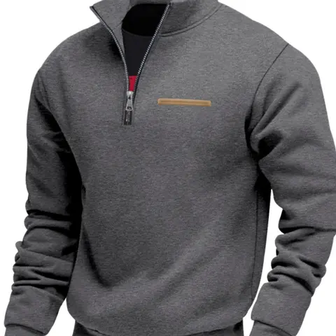 Men's Half-Zip Pullover with Contrast Zipper & Pocket - Half Zip Collared, Stand-Up Collar, Ribbed Cuffs & Hem, Classic Fit, Fitted Casual Sweatshirts