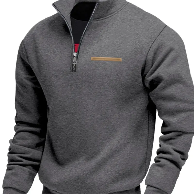 Men's Half-Zip Pullover with Contrast Zipper & Pocket - Half Zip Collared, Stand-Up Collar, Ribbed Cuffs & Hem, Classic Fit, Fitted Casual Sweatshirts