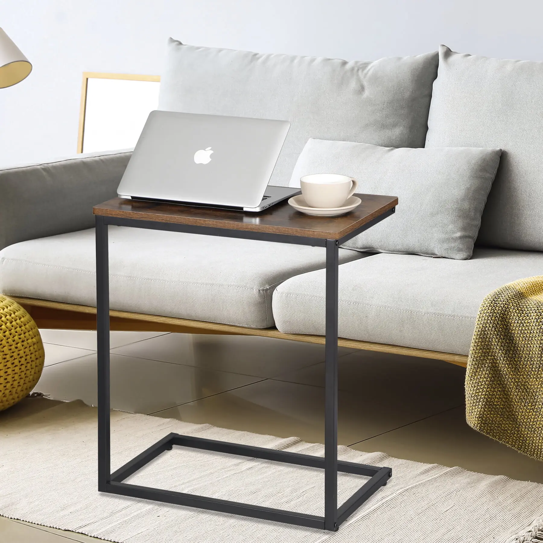 SuperDeal C-Shaped MDF+Steel Table - 13.8x21.7x25.1in Rustic Wood Finish, Sliding Legs, Contemporary End Table, TV Tray for Living Room Sofa Use, Modern Accent Table,summerwins
