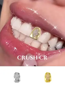 CRUSH CR Minimalist 18K Gold Plated Iced Out Diamond-Shaped Tooth Cap Grillz, Teeth Cover Girls for Women, Sleek Rhombus Design with CZ Accents, Hypoallergenic Removable for Daily Street Style Brunch Dates Y2K Dental Jewelry