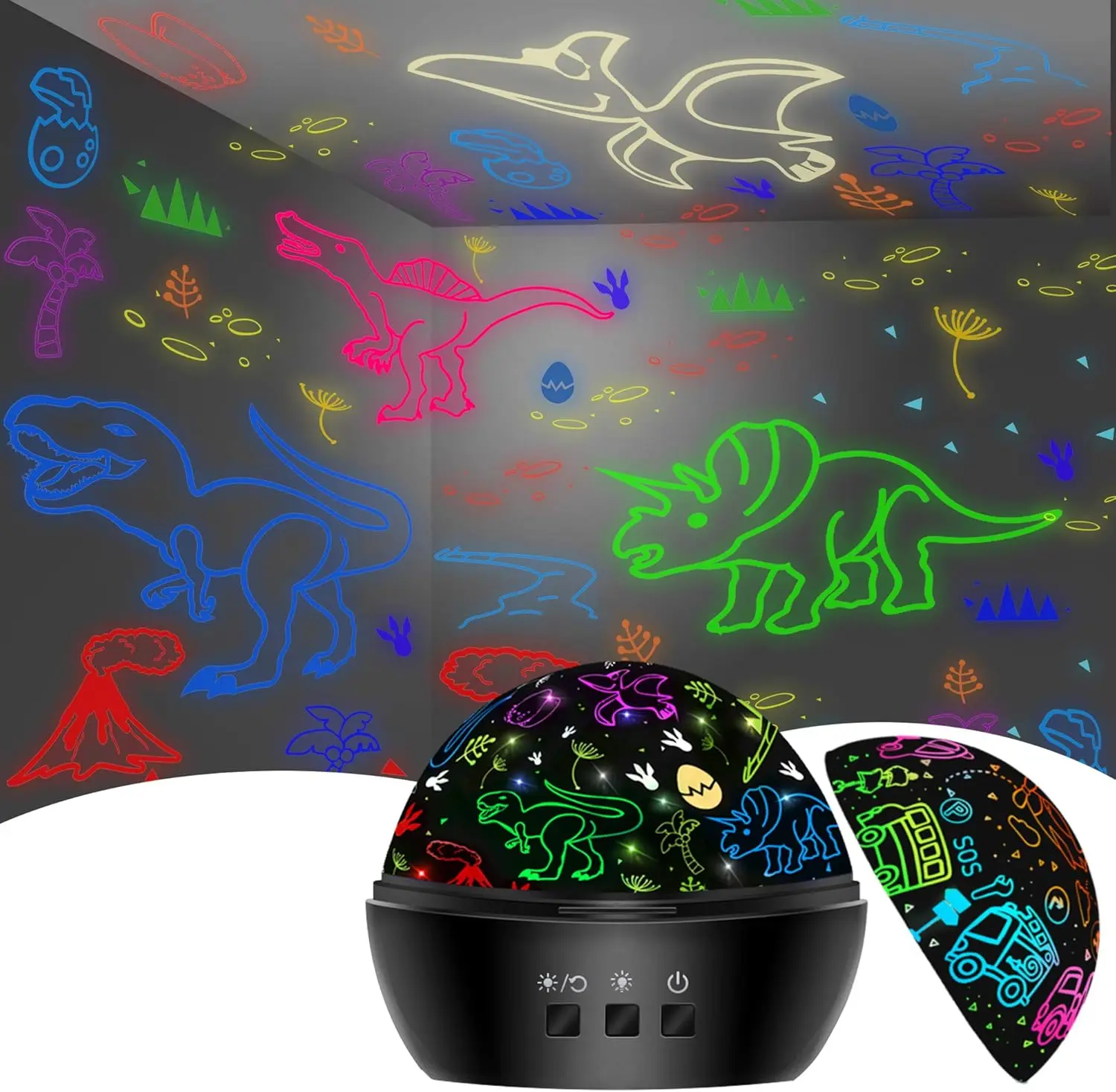 2-in-1 Dinosaur Night Light Toy with Car Projector, Kids' Novelty Lighting for Boys, Ideal for Decorating Bedrooms & Living Rooms, Christmas Easter Birthday Gifts for 2-10 Year Olds, 16 Color Combinations