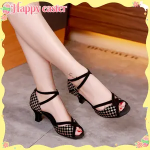 Women's Latin Dance Shoes for Adults, Soft Sole, Mid-High Heel Dance Shoes - Professional Women's Dance Shoes, Summer Sandals, Black Silver Glitter Plaid Pattern, Fashionable Lightweight Party Tango Banquet Performance Shoes, Outdoor Wear, Social Dance Sh