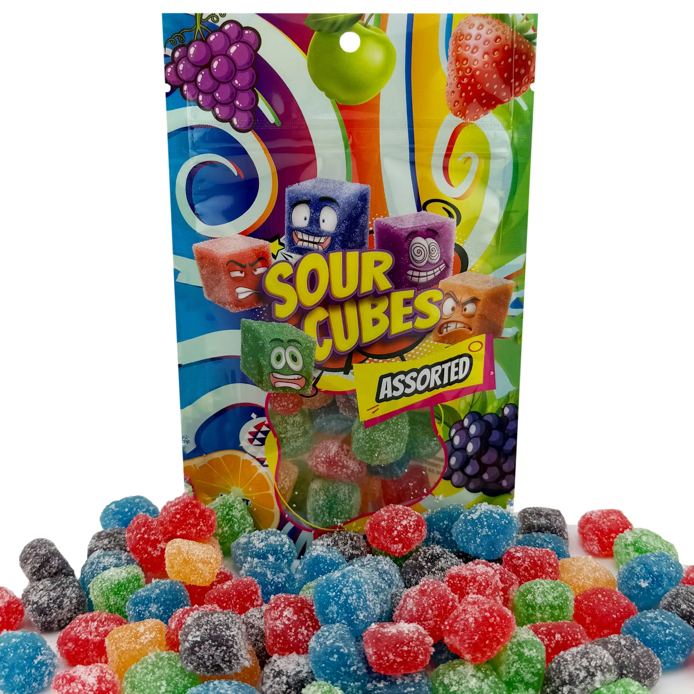 Sour Cubes Chewy Gummy Candy, Tangy Blocks Gummy, Blue Raspberry, Grape, Strawberry, Orange, and Green Apple Flavors, 4 oz Party Size Bag
