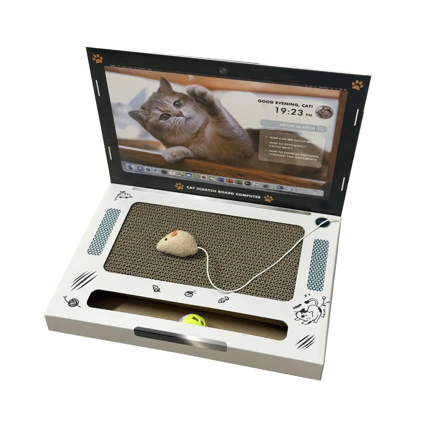 3-in-1 Laptop-Shaped Corrugated Cardboard Cat Scratcher Toy - Cute Design, Fun Shape, 1 Mouse, 1 Jingling Ball, Decor Stickers, Indoor Boredom Relief, Furniture Protector for Cats, Entertaining, Entertainment, Physical Activity, Interactive, Scratchers, M