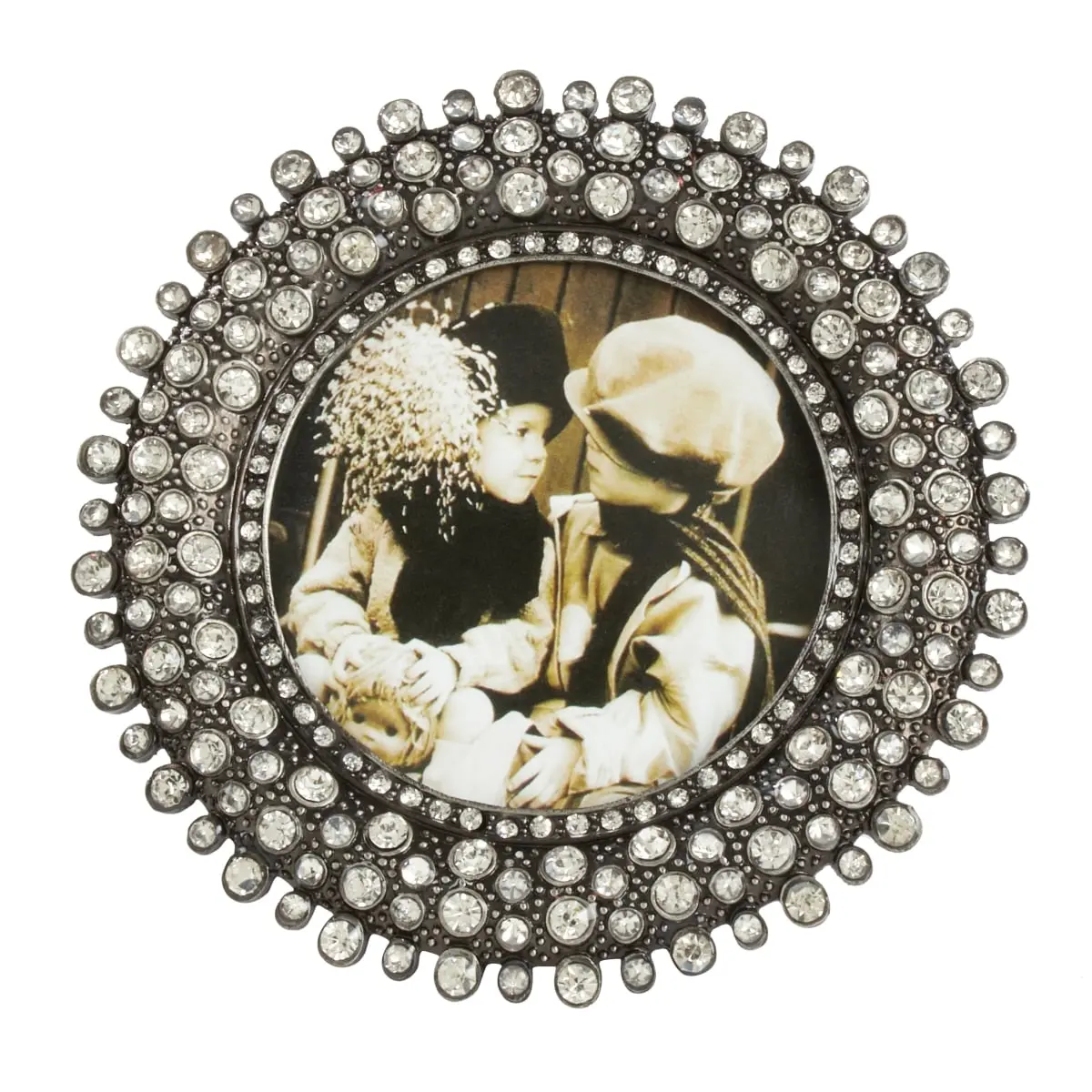 SARO Silver Round Glass Photo Frame with Antique Jeweled Border, Crystal Beads, Antique Look for Portrait Display & Home Decor