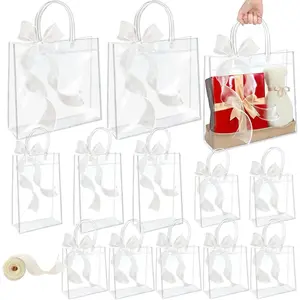 13 count Clear  Bags with Handle 3 Size Clear Party Favor Bags with Handles Includes 1 Roll Ribbon Goodie Bag Bulk Plastic Bags for Gifts Tote Party Favour Bags