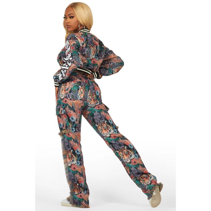 Rena Black Crop Tapestry Varsity Jacket