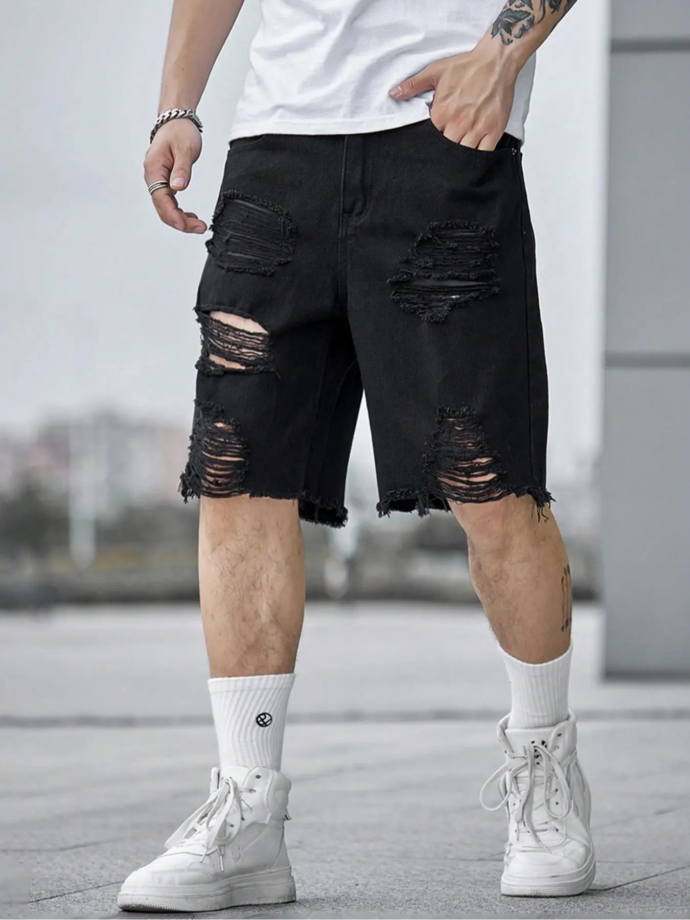 Men's Black Straight Fit Ripped Classic Denim Shorts | Menswear Summer High Street Casual Fashion Loose Distressed Frayed Hem Jeans for Daily Streetwear & Photo Outfits