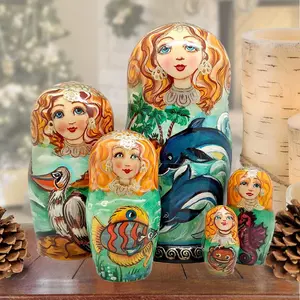 G.DeBrekht 140813 3.5x5 in. Artistic Dolphins Family Matreshka Nesting Hand-Painted Doll Figurine - 5-Piece Collectible, Miniature, Animal Decorative, Artistic Sculptural Figurines Set for Home, Room Decor, Collectible Figurines