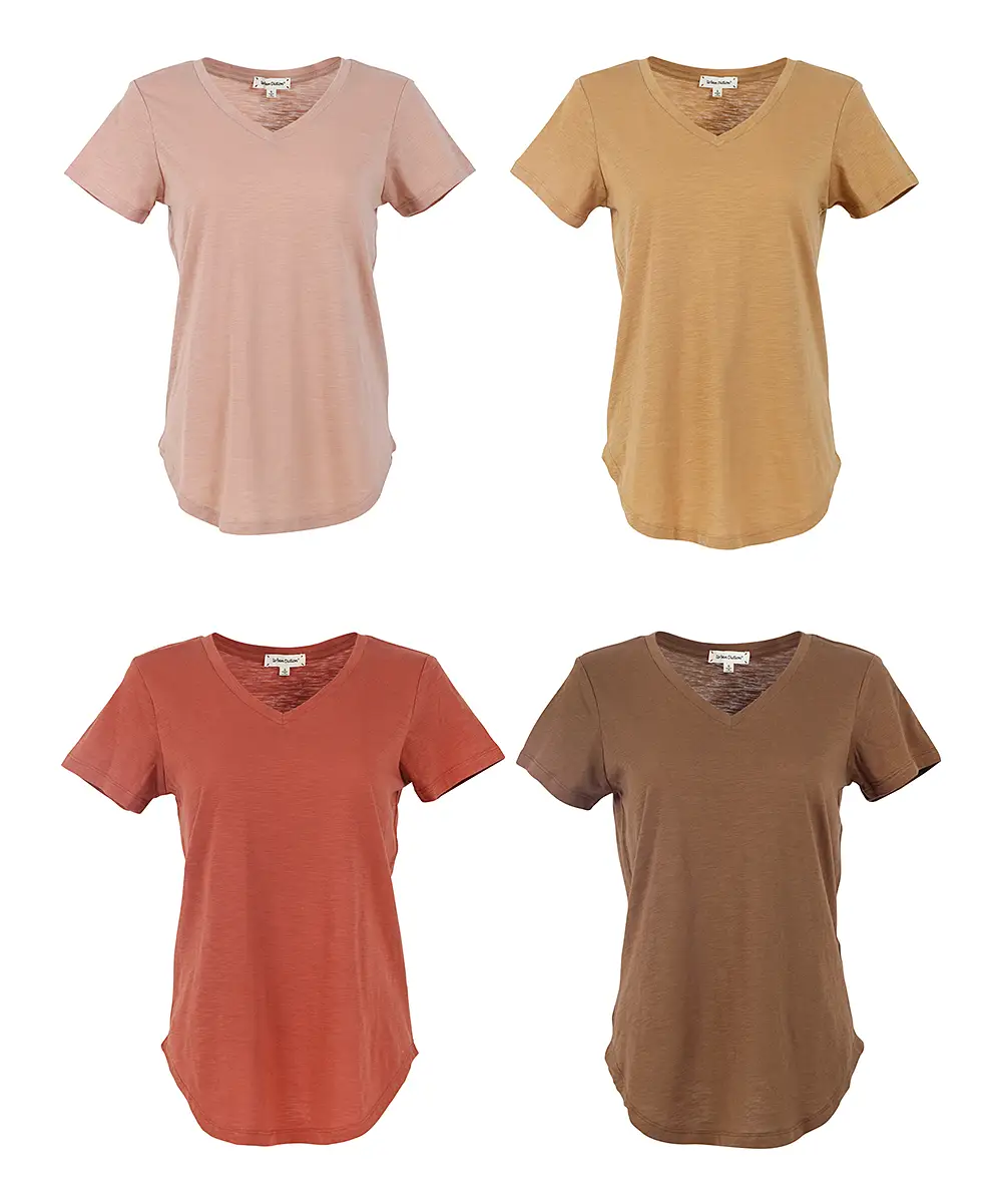 Urban Diction Slub Knit SEMI-SHEER Breathable Fabric Casual V-Neck Plain Curved Hem Tee Packs- Set of Four, Multiple Color Combination Comfort Womensw
