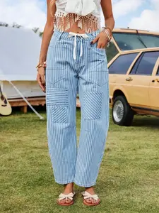 Light Wash Striped Patchwork Denim Work Pants, Drawstring Waist Loose Straight Leg Nine-Inch Jeans, Comfortable and Stylish