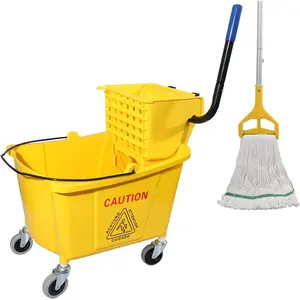 Commercial Mop Bucket with Side Press Wringer  Wheels, 35Qt,Yellow Including  Commercial Mop
