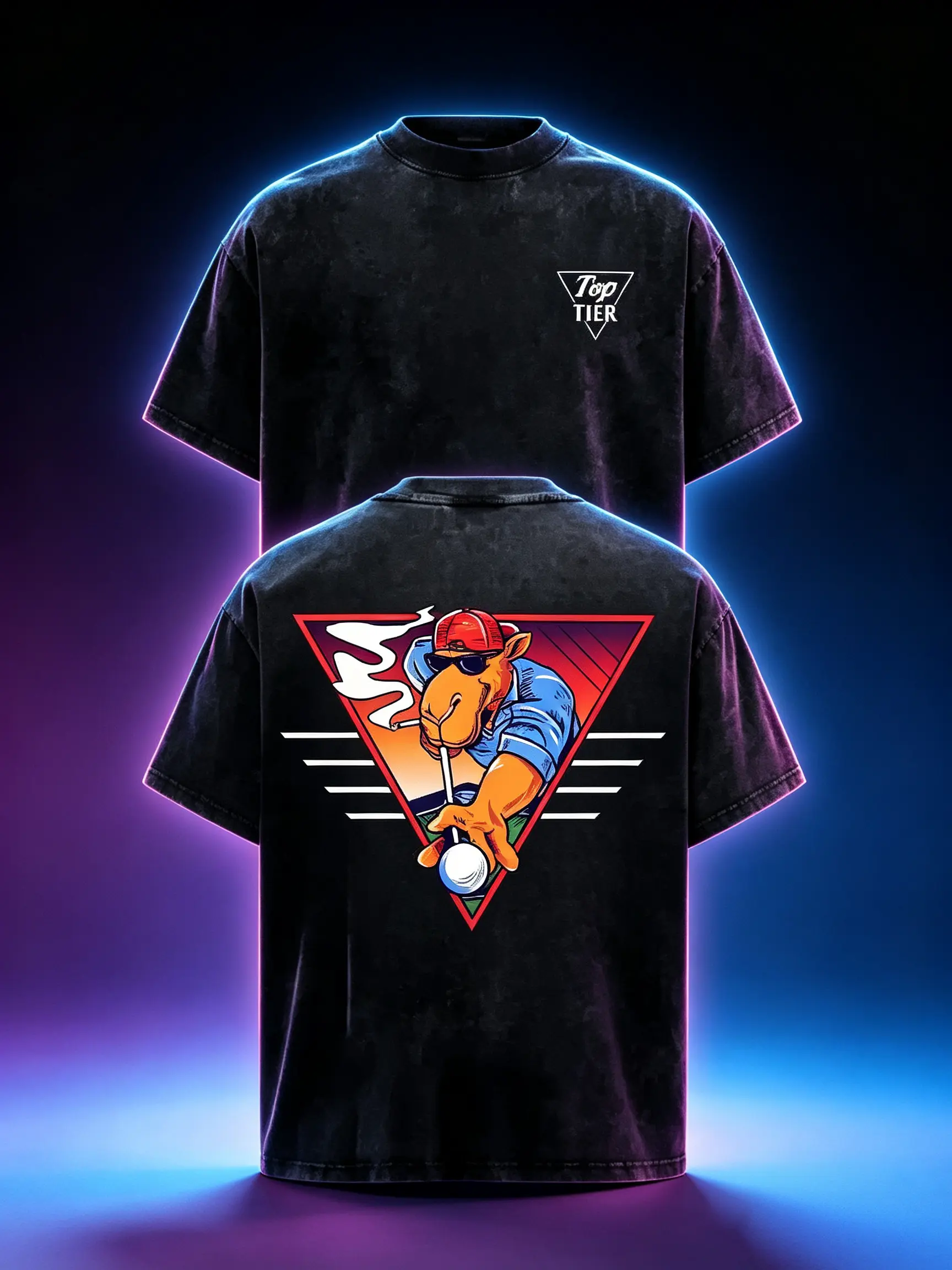 Top Tier Vintage Acid Wash Oversized T-Shirt Front Triangle Top Tier Logo Back Cool Camel Playing Golf Retro Cartoon Graphic Distressed Black Unisex Cotton Crewneck Funny Golf Streetwear Tee Gift For Golf Hobby Casual Daily Outfit casual all-season