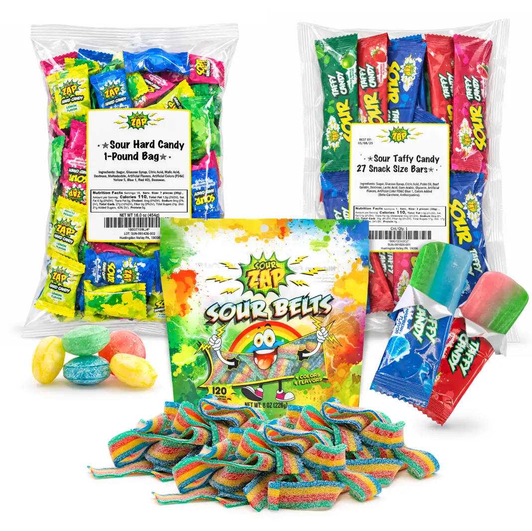 SourZap Ultimate Sour Candy Variety Pack – 34 oz, 3 Pack | Hard Candy, Sour Taffy Bars & Rainbow Sour Belts, Goodie bag candy